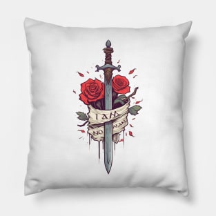 I am no man - Sword, Roses and Banner - White - Fantasy Pillow