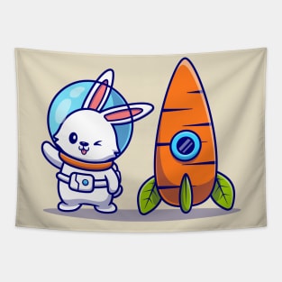 Cute Rabbit Astronaut With Carrot Rocket Tapestry