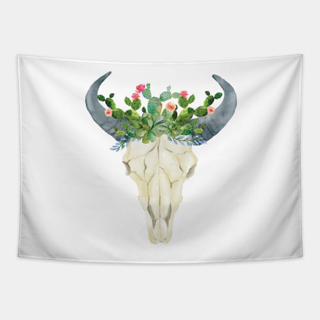 Bull skull with cacti crown - hand painted watercolor Tapestry by SouthPrints