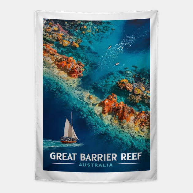 Vintage Retro Vibrant Great Barrier Reef - Australia Tapestry by POD24