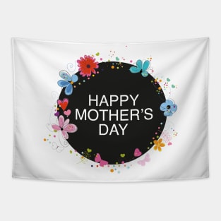 Happy Mother's day greeting card with circle black frame decorative hand drawn abstract flowers Tapestry