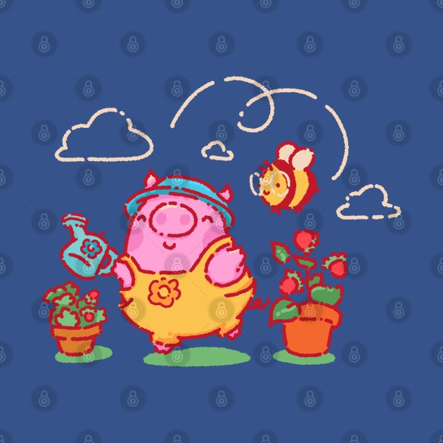 Pig and bee watering plants by Tinyarts