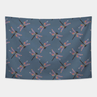 Crazy colorful dragonfly pattern on navy background Tapestry