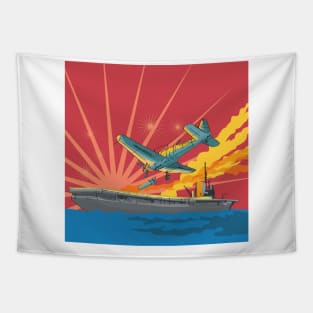 Airplane Flying and Attacking Battleship Tapestry