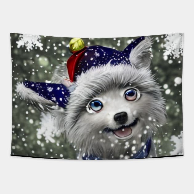 Cute fluffy anime dog with hat in snow Tapestry by Stades