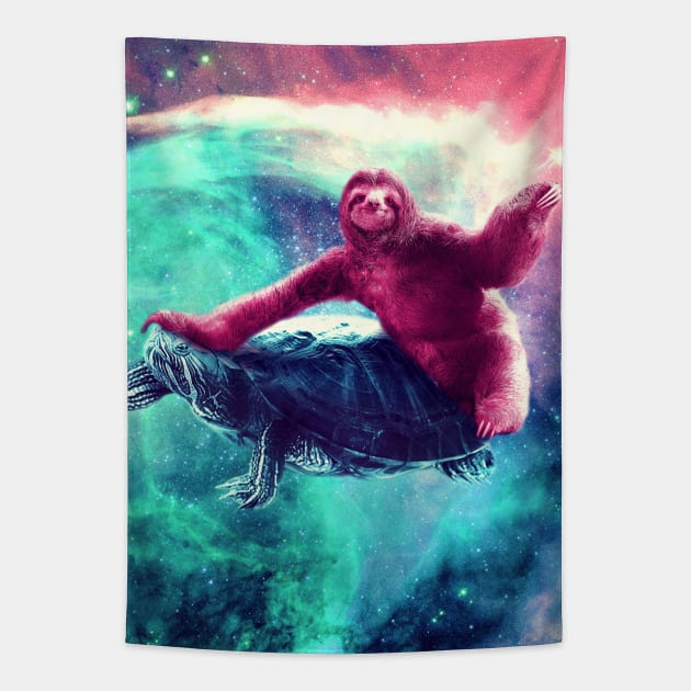 Crazy Funny Space Sloth Riding On Turtle Tapestry by Random Galaxy