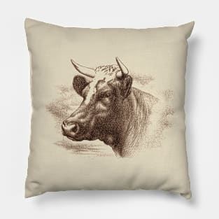 Cow Head Vintage Illustration Pillow