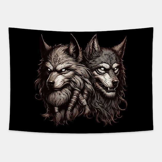 Two Wolfs Norse Mythology Viking Warrior Tapestry by TomFrontierArt