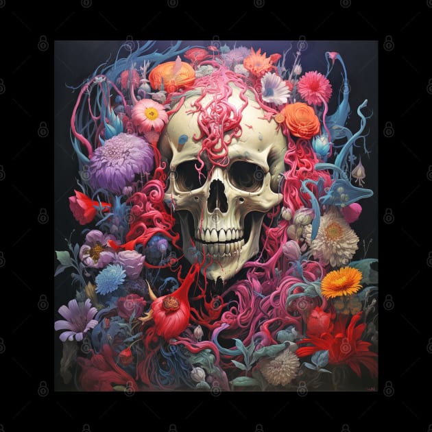 Scary Human Skull with Flowers by tfortwo