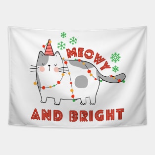 Funny Christmas Cat Wrapped in Lights, Meowy and Bright Tapestry