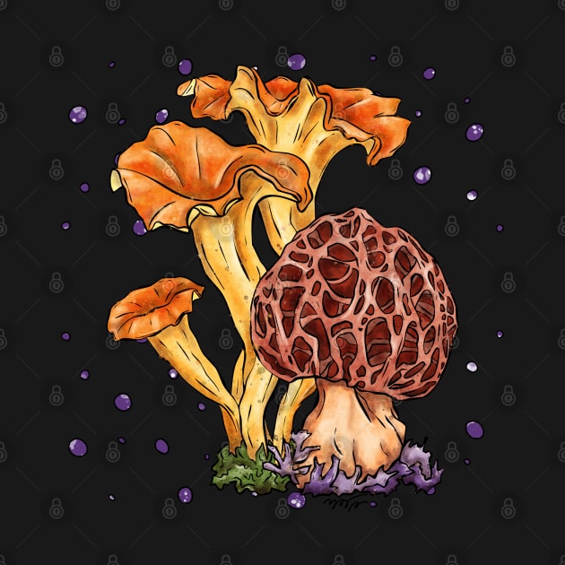 Bright graphic mushrooms, morel hunter by NadiaChevrel