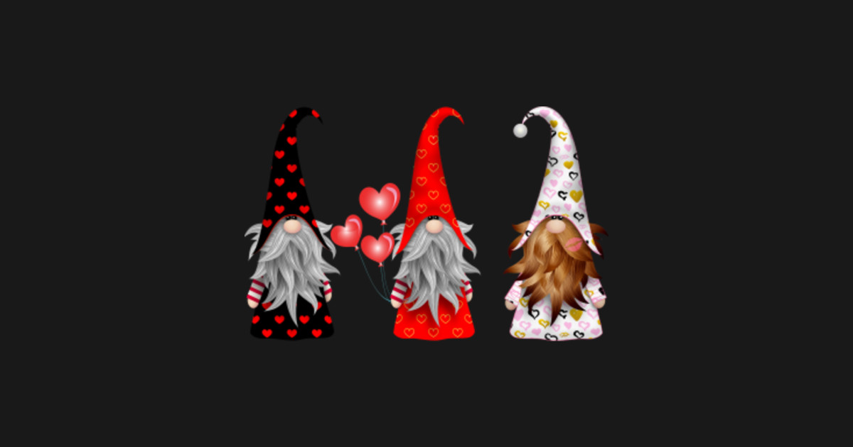 Three Gnomes Holding hearts Cute Valentines - Three Gnomes Holding