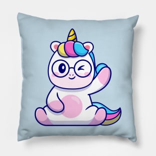 Cute Unicorn Waving Hand And Wearing Glasses Cartoon Pillow