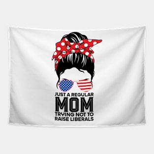 Just a regular mom trying not to raise liberals tshirt woman messy bun american flag Tapestry