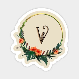 Circle frame with tropical flowers and girl figure around letter V Magnet