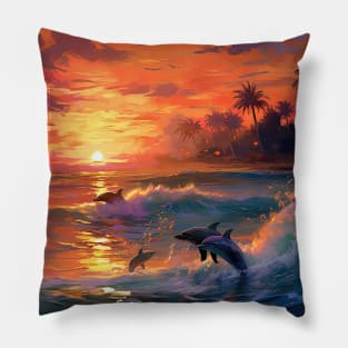 Sunset Bay Symphony: Dolphins Dancing in Pastel Hues Pillow