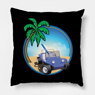 Blue Dune Buggy with Surfboard and Palm Pillow