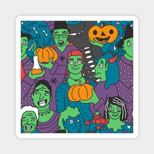 Halloween party of green skin people seamless pattern. Vector illustration of zombies in costumes with strange eyes Magnet