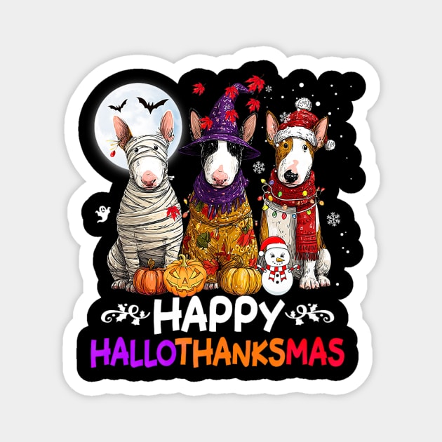 Cute Bull Terrier Dog Hallothanksmas Halloween Thanksgiving Magnet by yangho