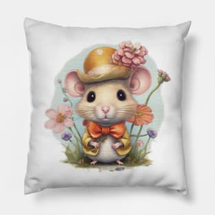 cute little mouse wearing a hat and a bow tie Pillow