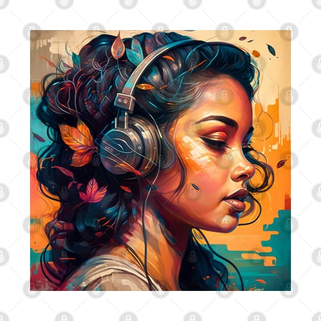 Beautiful Latina Woman Listening to Music by Unboxed Mind of J.A.Y LLC 