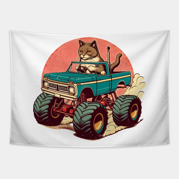 Cat Driving A Monster Truck Tapestry by Vehicles-Art