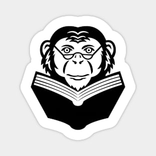 Chimpanzee Chimp Monkey Primate or Ape Wearing Glasses Reading Book Mascot Black and White Magnet