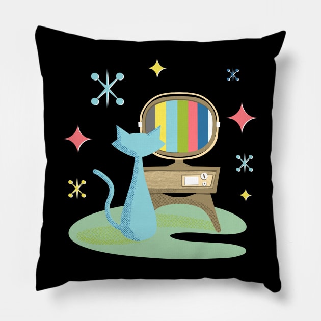 Funny Atomic Cat Watching Retro Television with Vintage Vibes Pillow by ksrogersdesigns