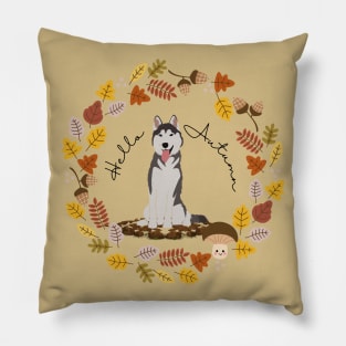 Husky in Autumnal Leaf Circle with Hello Autumn Sign Pillow