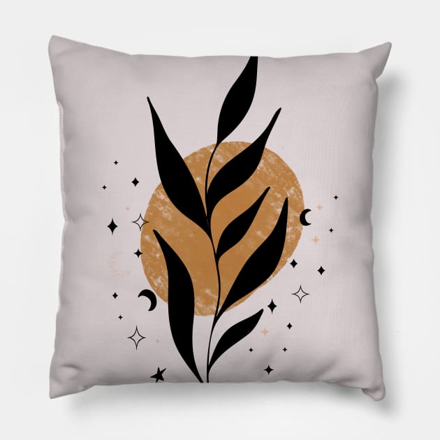 Stars, Sun, And Black Leaves Modern Boho Pillow by ArunikaPrints