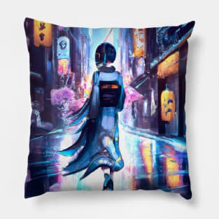 Cyberpunk girl in the streets of tokyo Pillow