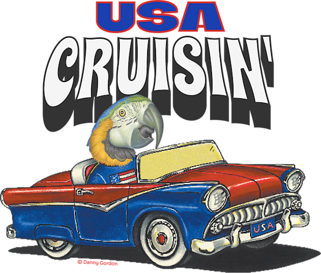 Funny and cute African blue and gold Macaw Bird driving a classic car cruising the USA Kids T-Shirt by Danny Gordon Art