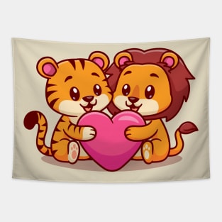 Cute Tiger And Lion Hug Love Heart Cartoon Tapestry