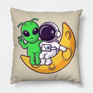 Cute Astronaut Sitting On Moon With Alien Cartoon Pillow