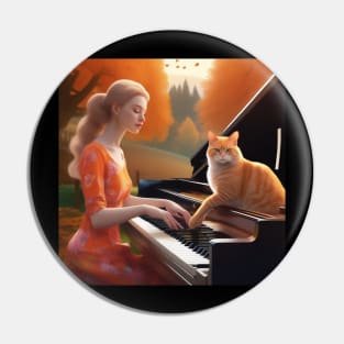 A Female Pianist With An Orange Cat Sitting On The Piano In The English Countryside With An Autumn Mist Pin