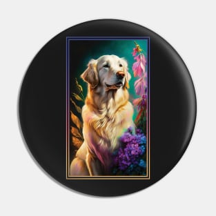 Golden Retriever Dog Vibrant Tropical Flower Tall Digital Oil Painting Portrait 3 Pin