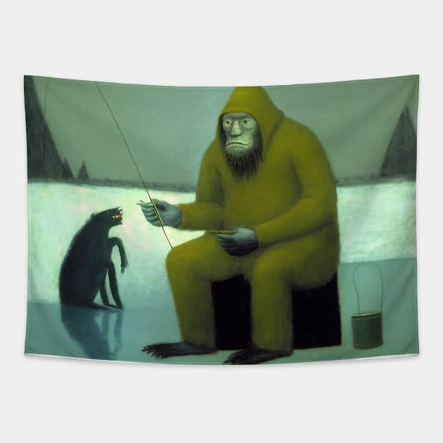 Eeri Yeti Ice Fishing with his Bigfoot Dog Tapestry by Walter WhatsHisFace