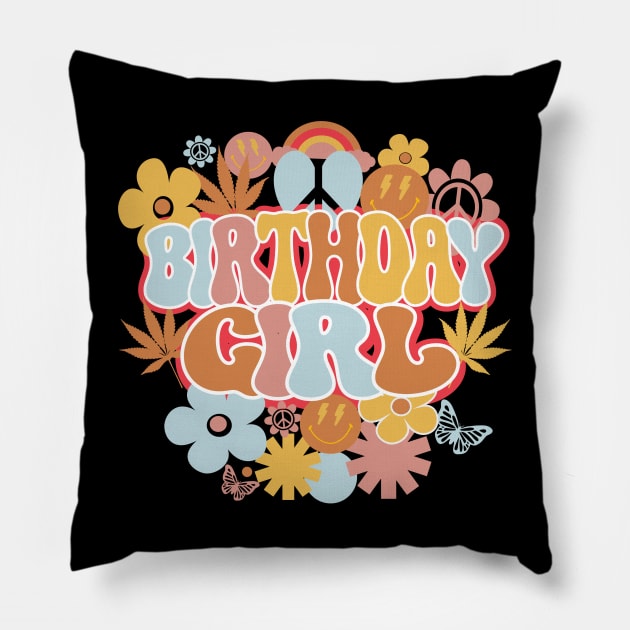 Birthday Girl Retro Groovy Shirt, Hippie Daisy Flower Birthday Girl Pillow by mcoshop