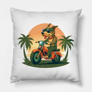dog riding motorcycle in beach Pillow