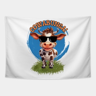 Cute Funny cow with sunglasses saying Cowabunga! Tapestry