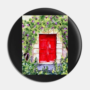 Rustic Red Door in the Woods Surrounded by Flowers Pin