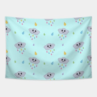 Kawaii Cute Raining Rainbow Clouds Pattern in Blue Tapestry