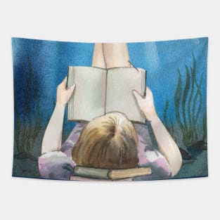 Reader Girl in Wanderlust Ocean Tapestry