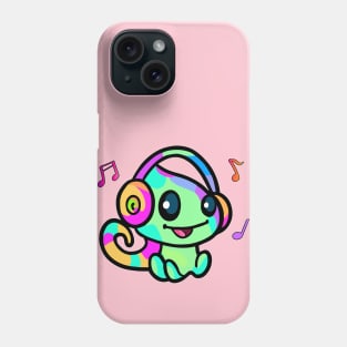 Happy smiling baby chameleon with headphones. Kawaii cartoon Phone Case