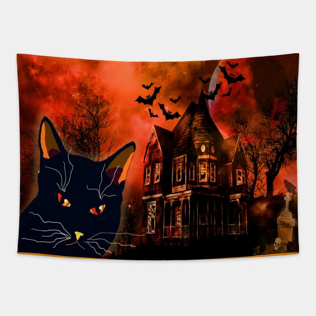 Evil Black Cat Halloween Tapestry by TeAnne