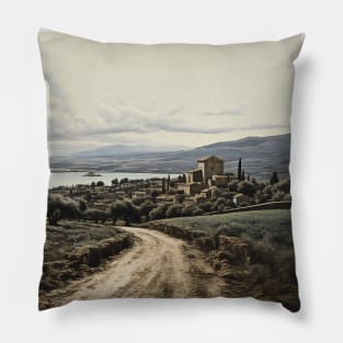 Italian Landscape with Trees and Town Etching Pillow