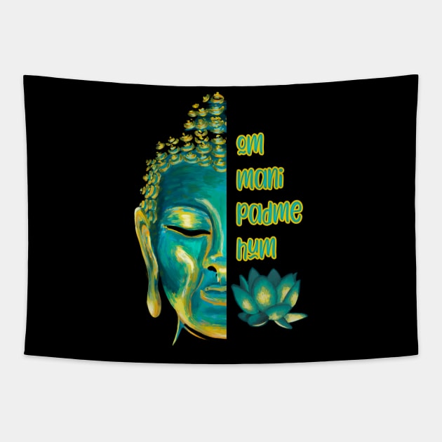 Om Mani Padme Hum Buddha Face Buddhist Mantra Tapestry by Get Hopped Apparel