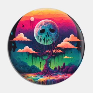 Rainy Night. Sad Full Moon. - Psychedelic Landscape - Paint Dripping 3D Illustration - Colorful Haunted Nature Scene Pin