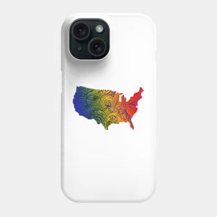 Colorful mandala art map of the United States of America in blue, yellow and red with dark hues Phone Case