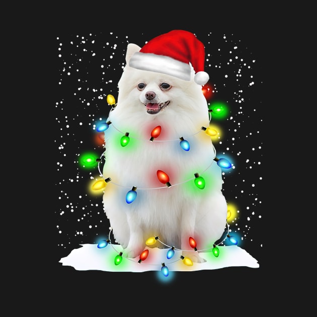 White Pomeranian Christmas Santa Hat Xmas Tree Color Lights by Ripke Jesus